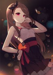 Rule 34 | 1girl, armpits, bare arms, bare shoulders, black hairband, black skirt, breasts, brown eyes, brown hair, bug, butterfly, commentary request, dress, earrings, frills, from below, hairband, highres, idolmaster, idolmaster (classic), insect, jewelry, long hair, looking at viewer, minase iori, parted lips, red eyes, red ribbon, ribbon, shirt, skirt, sleeveless, sleeveless dress, small breasts, solo, topu