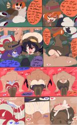 Rule 34 | 3boys, 3girls, anal, black hair, blue skin, breasts, captain kirb, clothed female nude male, colored skin, cum, cum in ass, ejaculation, english text, filia (skullgirls), hat, heart, hetero, highres, large breasts, mating press, mob face, multiple boys, multiple girls, nude, orange hair, outdoors, peacock (skullgirls), penis, purple hair, pussy, radio, red eyes, safari, sex, skullgirls, solid oval eyes, source request, speech bubble, squigly (skullgirls), tagme, testicles, torn clothes, torn legwear, uncensored