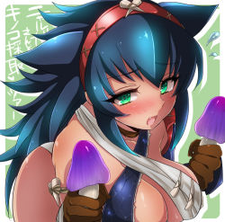 Rule 34 | 1girl, animal ears, bad id, bad pixiv id, bare shoulders, blue hair, blush, breasts, capcom, cleavage, fang, green eyes, kochi, large breasts, long hair, monster hunter (series), mushroom, nargacuga (armor), open mouth, sexually suggestive, solo