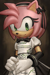 Rule 34 | 1girl, alternate costume, amy rose, animal ears, animal nose, apron, artist name, black bow, black bowtie, black dress, black hairband, bow, bowtie, brown background, closed mouth, commentary, daelynz, dress, english commentary, enmaided, eyelashes, furry, furry female, gloves, green eyes, hairband, hedgehog ears, hedgehog girl, highres, looking at viewer, maid, pink fur, puffy short sleeves, puffy sleeves, short sleeves, simple background, smile, solo, sonic (series), standing, two-tone dress, white apron, white dress, white gloves