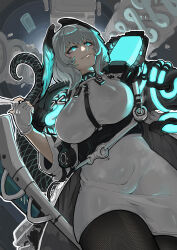 Rule 34 | absurdres, arknights, between breasts, black feathers, black wings, blue eyes, blue feathers, breasts, chinese commentary, coat, commentary request, dress, feathered wings, feathers, fingerless gloves, gloves, grey hair, highres, ho&#039;olheyak (arknights), interfax, long tail, pencil dress, snake tail, strap between breasts, tail, textless version, two-tone wings, white coat, white dress, white gloves, wings