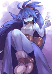 Rule 34 | 1girl, blue eyes, blue hair, blue skin, celsius (tales), colored skin, dress, hairband, long hair, pointy ears, short hair, solo, tales of (series), tales of eternia, tesshii (riza4828), thighs