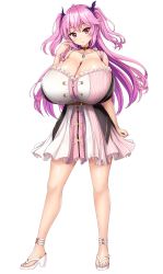 Rule 34 | 1girl, absurdres, blush, breasts, btk, choker, high heels, highres, huge breasts, jewelry, long hair, looking to the side, necklace, pink hair, red eyes, solo, standing, twintails, white background, zipper dress