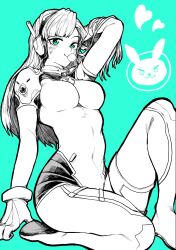 Rule 34 | 1girl, absurdres, aqua background, aqua eyes, asymmetrical bangs, bodysuit, breasts, blowing bubbles, chewing gum, closed mouth, commentary, covered navel, d.va (overwatch), facepaint, facial mark, full body, gloves, greyscale with colored background, hands in hair, headphones, heart, highres, knee up, large breasts, long hair, looking at viewer, overwatch, simple background, sitting, skin tight, smile, solo, spot color, toned, whisker markings, yotsumi shiro