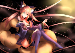 Rule 34 | 1girl, absurdres, animal ear fluff, animal ears, artist request, blue kimono, blue ribbon, blue thighhighs, breasts, cleavage, commentary, fate/extella, fate/extra, fate/extra ccc, fate/grand order, fate (series), fox ears, fox girl, fox tail, hair ribbon, heart, highres, japanese clothes, kimono, large breasts, multiple tails, pink hair, ribbon, solo, tail, tamamo (fate), tamamo no mae (fate/extra), thighhighs, yellow eyes