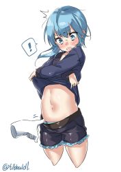 Rule 34 | !, 10s, 1girl, ^^^, assisted exposure, bad id, bad twitter id, belt, blue eyes, blue hair, blue panties, blue shorts, blush, collarbone, cowboy shot, cropped legs, crossed arms, disembodied limb, ebifurya, frilled shorts, frills, highres, inactive account, kantai collection, long sleeves, looking down, minazuki (kancolle), motion lines, navel, open mouth, panties, panty peek, school uniform, serafuku, shorts, simple background, solo focus, speech bubble, spoken exclamation mark, stomach, surprised, sweat, twitter username, underwear, undressing, white background