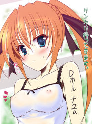 Rule 34 | 00s, 1girl, blue eyes, blush, breasts, lyrical nanoha, mahou shoujo lyrical nanoha, mahou shoujo lyrical nanoha strikers, medium breasts, nipples, orange hair, see-through, solo, teana lanster, translation request, twintails, uminchu