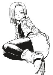 Rule 34 | 1girl, android 18, ass grab, black pantyhose, black shirt, boots, dragon ball, dragonball z, earrings, full body, greyscale, highres, jacket, jewelry, long sleeves, looking at viewer, lying, monochrome, open clothes, open jacket, pantyhose, parted bangs, shirt, short hair, skirt, solo, torn clothes, yamamoto souichirou