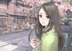 Rule 34 | 1girl, brown eyes, brown hair, car, cherry blossoms, long hair, looking at viewer, motor vehicle, original, real world location, road, scenery, sign, smile, solo, street, toi8, vehicle