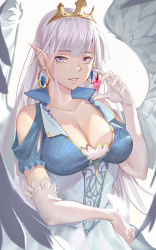 Rule 34 | 1girl, absurdres, arm across waist, artist name, bare shoulders, breasts, cleavage, collarbone, corset, covered erect nipples, crown, damiaodi, dress, earrings, elbow gloves, feathered wings, feathers, gloves, grey eyes, heart, highres, jewelry, large breasts, long hair, looking at viewer, original, parted lips, pointy ears, short sleeves, silver hair, solo, teeth, upper body, very long hair, white gloves, white wings, wings