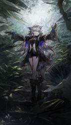 Rule 34 | 1girl, absurdres, animal ears, arknights, arms up, black coat, black dress, black footwear, black gloves, blood, blood on face, boots, breasts, coat, day, dress, forest, full body, gloves, green eyes, grey hair, highres, knee boots, lappland (arknights), long hair, long sleeves, looking at viewer, material growth, medium breasts, nature, official alternate costume, open clothes, open coat, oripathy lesion (arknights), outdoors, outstretched arms, parted lips, plant, qingfeng canying, short dress, smile, solo, stairs, standing, statue, very long hair, wide sleeves, wolf ears