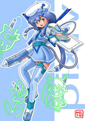 Rule 34 | 1girl, belt, blue hair, blue thighhighs, doodle, drawing tablet, female focus, gloves, green eyes, hair ornament, hairclip, hat, keyboard, necktie, oborogumo takamitsu, pixiv, pixiv-tan, shoes, short hair, sidelocks, skirt, smile, solo, stylus, thigh strap, thighhighs