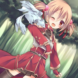 Rule 34 | 10s, 1girl, ;d, animal, black thighhighs, blush, brown eyes, brown hair, fingerless gloves, gloves, one eye closed, open mouth, pina (sao), short twintails, silica, smile, solo, sorai shin&#039;ya, sword art online, thighhighs, twintails, wink