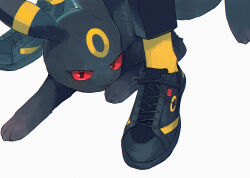 Rule 34 | 1other, black footwear, black pants, closed mouth, commentary request, creatures (company), game freak, gen 2 pokemon, highres, kikuyoshi (tracco), looking at viewer, lying, nintendo, pants, pokemon, pokemon (creature), red eyes, shoes, smile, sneakers, socks, umbreon, white background, yellow socks