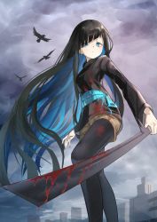 Rule 34 | 1girl, ari hinoko, bird, black hair, black pantyhose, black sweater, blood, blue eyes, blue hair, blunt bangs, borrowed character, city, closed mouth, colored inner hair, expressionless, floating hair, highres, holding, holding weapon, long hair, long sleeves, looking at viewer, multicolored hair, original, outdoors, pantyhose, short shorts, shorts, solo, standing, sweater, teeth, two-tone hair, uosaki (muki), very long hair, weapon, zipper