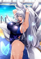 Rule 34 | 1girl, absurdres, alternate costume, animal ears, armpits, arms behind head, ass, azur lane, blue butterfly, blue eyes, blue one-piece swimsuit, blurry, blurry background, breasts, bug, butterfly, competition swimsuit, cowboy shot, fox ears, fox tail, from side, highres, huge breasts, indoors, insect, kitsune, kyuubi, large tail, multiple tails, one-piece swimsuit, oriue wato, pool, pool ladder, shinano (azur lane), solo, standing, swimsuit, tail, white tail