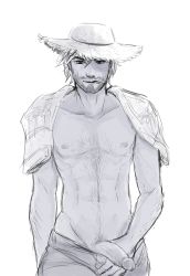 Rule 34 | 1boy, apple (appleuniversing), beard, cassidy (overwatch), chest hair, clothes pull, cowboy shot, facial hair, greyscale, hat, highres, lifeguard cassidy, looking at viewer, male focus, male pubic hair, monochrome, neck, nipples, overwatch, overwatch 1, penis, pubic hair, shorts, shorts pull, sketch, solo, straw hat, topless male, towel, towel around neck, white background