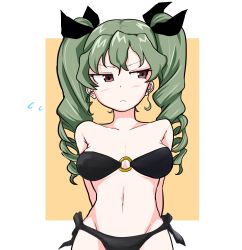 Rule 34 | 10s, 1girl, anchovy (girls und panzer), angry, arms behind back, asutoro (s--t), bikini, black ribbon, breasts, closed mouth, collarbone, commentary, drill hair, embarrassed, flying sweatdrops, frown, girls und panzer, green hair, hair ribbon, half-closed eyes, highres, long hair, looking away, medium breasts, navel, o-ring, o-ring bikini, outside border, red eyes, ribbon, side-tie bikini bottom, solo, standing, swimsuit, twin drills, twintails