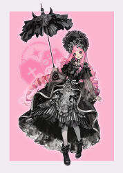 Rule 34 | 1girl, black dress, black footwear, bonnet, border, dress, drill hair, dywx poison, expressionless, frilled dress, frills, full body, goth fashion, gothic lolita, head tilt, highres, holding, holding umbrella, lolita fashion, long hair, looking at viewer, makeup, one piece, outline, outside border, perona, pink background, pink hair, red lips, shoes, simple background, solo, umbrella, very long hair, white background, white border, white outline