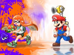 Rule 34 | 1boy, 1girl, :o, artist name, bike shorts, blue eyes, brown hair, chasing, crossover, dated, f.l.u.d.d., facial hair, gloves, hai to hickory, hat, highres, ink tank (splatoon), inkling, inkling girl, inkling player character, mario, mario (series), mustache, nintendo, open mouth, orange eyes, orange hair, overalls, paint splatter, reflective floor, shoes, short sleeves, splatoon (series), splatoon 1, squid, super mario bros. 1, super mario sunshine, super soaker, tentacle hair, water gun, white gloves