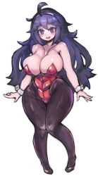 Rule 34 | 1girl, @ @, absurdres, ahoge, alternate breast size, bad id, bad pixiv id, breasts, cleavage, creatures (company), curvy, full body, game freak, headband, hex maniac (pokemon), highleg, highleg leotard, highres, huge breasts, leotard, long hair, looking at viewer, nintendo, open mouth, pantyhose, pokemon, pokemon xy, purple hair, purple headband, shiny skin, simple background, thick thighs, thighs, very long hair, white background, wide hips