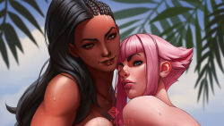 Rule 34 | artist logo, azuma yasuo, bare shoulders, cloud, cloudy sky, highres, implied nudity, implied yuri, impossible hair, laura matsuda, leaf, manon legrand, muscular, muscular female, non-web source, raised eyebrows, sky, smile, street fighter, street fighter 6, street fighter v, sunlight, sweat