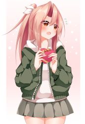 Rule 34 | 1girl, absurdres, box, brown eyes, cowboy shot, gift, gift box, green jacket, grey skirt, hair ribbon, heart-shaped box, high ponytail, highres, holding, holding box, holding gift, hood, hood down, hoodie, jacket, kantai collection, light brown hair, long hair, long sleeves, miniskirt, open clothes, open jacket, open mouth, pia (botamochinjufu), pleated skirt, ribbon, skirt, solo, standing, valentine, white hoodie, white ribbon, zuihou (kancolle)