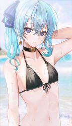 Rule 34 | 1girl, alternate costume, arm behind head, arm up, armpits, bare arms, bare shoulders, beach, bikini, black bikini, black choker, blue eyes, blue hair, blue ribbon, blurry, blurry background, breasts, choker, collarbone, earrings, flat chest, front-tie bikini top, front-tie top, hair between eyes, hair ribbon, halterneck, highres, hololive, hoshimachi suisei, jewelry, light blush, looking at viewer, navel, ocean, outdoors, parted lips, ponytail, ribbon, sanada keisui, side ponytail, sidelocks, small breasts, solo, star (symbol), star earrings, swimsuit, underboob, upper body, virtual youtuber, water, water drop, wet, wet clothes, wet hair, wet swimsuit