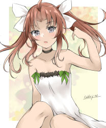 Rule 34 | 1girl, artist name, blush, brown hair, collarbone, dated, dress, gakky, grey eyes, hair ribbon, kagerou (kancolle), kagerou kai ni (kancolle), kantai collection, long hair, one-hour drawing challenge, open mouth, ribbon, signature, solo, strapless, strapless dress, twintails, white dress, white ribbon