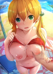 Rule 34 | 1boy, 1girl, anchor symbol, beach, beach umbrella, bikini, bikini top lift, blonde hair, box, grabbing another&#039;s breast, breasts, breasts out, clothes lift, collarbone, commentary request, day, fisheye, grabbing, green eyes, groping, guided breast grab, guiding hand, hair between eyes, highres, horizon, kantai collection, large breasts, lifting own clothes, long hair, looking at viewer, nicoby, nipples, ocean, pov, prinz eugen (kancolle), red bikini, shore, solo focus, standing, sweat, swimsuit, tareme, twintails, umbrella, water