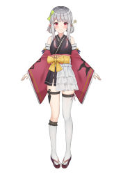 Rule 34 | 1girl, absurdres, black kimono, black skirt, blush, bow, breasts, brown footwear, closed mouth, commentary request, copyright request, detached sleeves, double bun, eyebrows hidden by hair, frilled kneehighs, gradient hair, green bow, grey hair, hair bow, hair bun, hair ornament, hairclip, highres, japanese clothes, kimono, kneehighs, long sleeves, looking at viewer, medium breasts, multicolored hair, obi, official art, pigeon-toed, pleated skirt, red eyes, red hair, red sleeves, sandals, sash, simple background, single kneehigh, single sock, single thighhigh, skirt, sleeves past wrists, smile, socks, solo, standing, thighhighs, virtual youtuber, white background, white socks, wide sleeves, yukiunag1, zouri