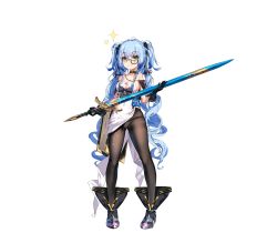 Rule 34 | 1girl, :3, ark order, belt, black footwear, black pantyhose, blue hair, boots, breasts, bubble, choker, dress, fang, finn eces (ark order), fish hair ornament, fish tattoo, gold trim, green eyes, hair ornament, holding, holding sheath, holding sword, holding weapon, jellyfish, long hair, low twintails, monocle, official art, panties, panties under pantyhose, pantyhose, sheath, sheathed, solo, sparkle, starfish, sword, tachi-e, tattoo, transparent background, twintails, two side up, underwear, very long hair, wavy hair, weapon, white dress, white panties, you ni ge shaobing