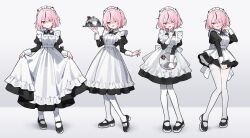 1girl :d :o ;d ? @_@ absurdres apron black_dress black_hair black_shoes blush commentary_request dress fang full_body hair_over_one_eye heart heart-shaped_pupils highres holding holding_tray index_finger_raised long_sleeves maid maid_headdress multicolored_hair multiple_views one_eye_closed open_mouth original pantyhose pink_eyes pink_hair shoes simple_background skirt_hold smile streaked_hair sweatdrop symbol-shaped_pupils tray v-shaped_eyebrows waka_(wk4444) white_apron white_background white_pantyhose