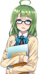 Rule 34 | 10s, 1girl, ahoge, aqua bow, aqua bowtie, bespectacled, black-framed eyewear, blue eyes, blush, bow, bowtie, cardigan, glasses, green hair, hair ornament, hairclip, holding, kantai collection, kusano (torisukerabasu), long hair, long sleeves, looking at viewer, mole, mole under mouth, open mouth, school uniform, simple background, solo, upper body, white background, yuugumo (kancolle)