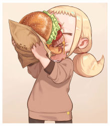 Rule 34 | 1girl, bacon, beige background, blonde hair, brown sweater, burger, child, closed eyes, commentary, eating, food, food on face, forehead, ketchup, kozato (yu kozato), lettuce, long hair, long sleeves, low twintails, original, oversized food, oversized object, simple background, solo, sweater, tomato, twintails