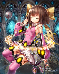 Rule 34 | 1girl, bare shoulders, bow, brown hair, cable, character request, detached sleeves, closed eyes, floating, frilled sleeves, frills, gabiran, hair bow, magic circle, mecha musume, metal, official art, orb, pink thighhighs, skirt, solo, tenkuu no crystalia, thighhighs