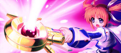 Rule 34 | 1girl, brown hair, chyko, female focus, gradient background, hair ribbon, highres, lyrical nanoha, magical girl, mahou shoujo lyrical nanoha, mahou shoujo lyrical nanoha a&#039;s, mahou shoujo lyrical nanoha the movie 2nd a&#039;s, open mouth, purple eyes, raising heart, raising heart (device mode) (1st), ribbon, short twintails, solo, takamachi nanoha, takamachi nanoha (movie 1st mode), twintails