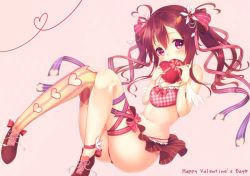 Rule 34 | 1girl, ahoge, bow, box, brown footwear, brown hair, brown skirt, cacao (flower knight girl), clothing cutout, flower knight girl, full body, hair bow, hair ribbon, happy valentine, heart, heart-shaped box, heart ahoge, heart cutout, houzuki michiru, leg ribbon, long hair, miniskirt, multicolored clothes, multicolored legwear, multicolored ribbon, plaid, purple eyes, ribbon, shoes, single thighhigh, skirt, solo, striped clothes, striped thighhighs, thighhighs, twintails, vertical-striped clothes, vertical-striped thighhighs