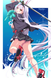 Rule 34 | 1girl, absurdres, animal ears, arms up, ass, azur lane, black footwear, black jacket, black skirt, blush, breasts, brown eyes, commentary request, from behind, hairband, highres, jacket, kneepits, leg up, legs, long hair, looking back, miniskirt, open mouth, pleated skirt, rabbit ears, rabbit girl, rabbit tail, shimakaze (azur lane), shirt, shoes, sideboob, skirt, solo, standing, standing on one leg, swimsuit over clothes, sword, tail, thighs, umyonge (lkakeu), very long hair, weapon, white hair, white shirt