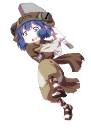Rule 34 | 1girl, blue hair, blush, brown capelet, brown hat, brown pants, capelet, female focus, fighting stance, full body, gladiator sandals, hat, highres, holding, holding shovel, jumping, made in abyss, medium hair, open mouth, pakkoyan, pants, puffy pants, sandals, shovel, simple background, solo, surcoat, tareme, teeth, upper teeth only, white background, ximu shilang