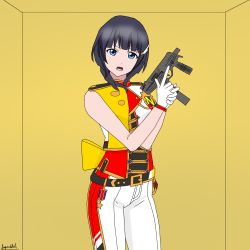 Rule 34 | 1girl, artist name, artist request, asaka karin, back bow, badge, band uniform, bare shoulders, belt, black belt, blue eyes, blue hair, blush, bow, breasts, buttons, crystal hair, dark blue hair, female focus, gloves, gun, hair ornament, hat, hat feather, holding, holding gun, holding weapon, indoors, leopauldelr, looking at viewer, love live!, love live! nijigasaki high school idol club, love live! school idol festival, love live! school idol festival all stars, marching in harmony (love live!), medium hair, pants, parted lips, short hair, small breasts, smile, solo, star (symbol), v-shaped eyebrows, weapon, white gloves, white pants, wing hair ornament, yellow bow