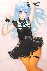 Rule 34 | 1girl, absurdres, arm up, bad id, bad pixiv id, bed sheet, belt, black belt, black dress, blue eyes, blue hair, blush, bow, bow earrings, breasts, collared dress, colored inner hair, dress, earrings, green hair, green ribbon, hair between eyes, hair ribbon, highres, hololive, hoshimachi suisei, hoshimachi suisei (streetwear), jewelry, lace, lace sleeves, long hair, looking at viewer, lying, medium hair, multicolored hair, nail polish, neck ribbon, o-ring, o-ring legwear, o-ring thigh strap, on back, one side up, open mouth, orange nails, orange pantyhose, pantyhose, ribbon, shinigami kiraki, short dress, short sleeves, side ponytail, solo, star (symbol), star in eye, symbol in eye, thigh strap, thighs, virtual youtuber, wrist cuffs
