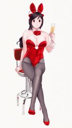 Rule 34 | 1girl, absurdres, alcohol, alternate costume, animal ears, bar stool, bare shoulders, black hair, black pantyhose, bow, bowtie, breasts, champagne, cleavage, cup, detached collar, drinking glass, fake animal ears, full body, glass, high heels, highres, holding, holding cup, kantai collection, large breasts, leotard, long hair, looking at viewer, mamiya (kancolle), ojipon, pantyhose, playboy bunny, rabbit ears, red bow, red eyes, red footwear, red leotard, simple background, solo, stool, white background, wrist cuffs