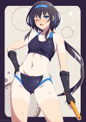 Rule 34 | 1girl, ;o, absurdres, artist name, barre, baton, black gloves, black hair, blue eyes, blue hair, blue hairband, blush, border, breasts, brown background, closed mouth, collarbone, cowboy shot, elbow gloves, gloves, gluteal fold, hairband, hand on own hip, highres, long hair, looking at viewer, low ponytail, multicolored hair, navel, one-piece tan, one eye closed, open mouth, original, outside border, purple border, sebunsu, small breasts, solo, star (symbol), stomach, streaked hair, tan, tanline, track uniform, twitter username, two-tone hair, very long hair