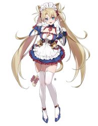 Rule 34 | 1girl, adapted costume, alternate costume, animal ears, blonde hair, blue dress, blue eyes, blush, bradamante (fate), braid, breasts, cat ears, cat tail, cleavage, crown braid, dress, fate/grand order, fate (series), gloves, large breasts, long hair, looking at viewer, maid headdress, open mouth, simple background, smile, tail, thighhighs, twintails, very long hair, white background, yd (orange maru)