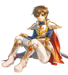 Rule 34 | 1boy, arm guards, armor, breastplate, brown eyes, brown hair, cape, fire emblem, fire emblem: genealogy of the holy war, fire emblem: thracia 776, full body, holding, holding sword, holding weapon, leif (fire emblem), looking at viewer, male focus, nintendo, pauldrons, shoulder armor, simple background, sitting, solo, sword, weapon, white armor, white background