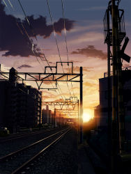 Rule 34 | cloud, kurumaori, no humans, original, outdoors, power lines, railroad crossing, railroad signal, railroad tracks, scenery, sky, sunset