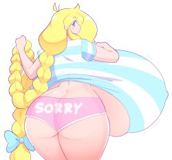 Rule 34 | 1girl, absurdres, ass, backboob, blonde hair, breasts, butt crack, cassie (theycallhimcake), clothes writing, gigantic breasts, highres, huge ass, long hair, looking at viewer, looking back, pink shorts, short shorts, shorts, solo, theycallhimcake, thick thighs, thighs, very long hair, white background, wide sleeves