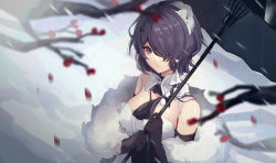 Rule 34 | 1girl, absurdres, arknights, bare shoulders, black gloves, grabbing another&#039;s breast, breasts, female focus, flower, gloves, grabbing, grabbing own breast, hair flower, hair ornament, hair over one eye, hairband, highres, holding, holding umbrella, looking at viewer, necktie, oil-paper umbrella, short hair, solo, uina, umbrella, upper body, whisperain (arknights)