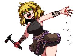 Rule 34 | 1girl, bare shoulders, black shirt, blonde hair, blood, blood on hands, blouse, breasts, formicid, green eyes, hair between eyes, half updo, hammer, looking at viewer, mizuhashi parsee, nail, open mouth, pointy ears, sharp teeth, shirt, short hair, simple background, sleeveless, sleeveless shirt, slit pupils, solo, tattoo, teeth, touhou, white background